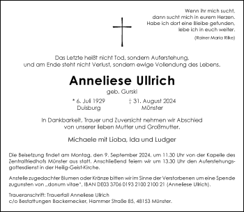 Anzeige von Anneliese Ullrich 