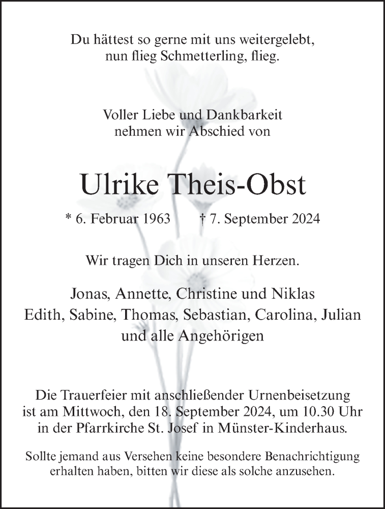  Traueranzeige für Ulrike Theis-Obst vom 14.09.2024 aus 