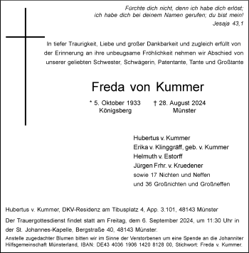 Anzeige von Freda von Kummer 