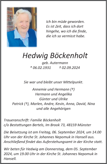 Anzeige von Hedwig Böckenholt 