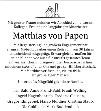 Anzeige von Matthias von Papen 