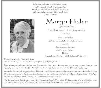 Anzeige von Marga Hisler 