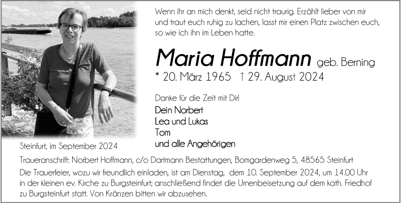  Traueranzeige für Maria Hoffmann vom 04.09.2024 aus 