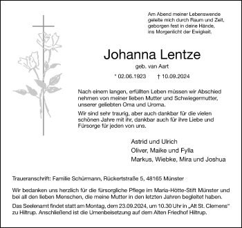 Anzeige von Johanna Lentze 