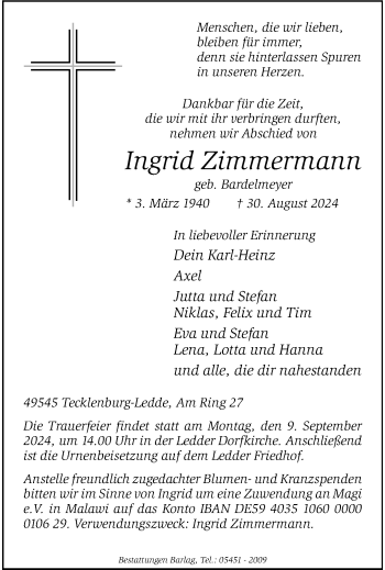 Anzeige von Ingrid Zimmermann 