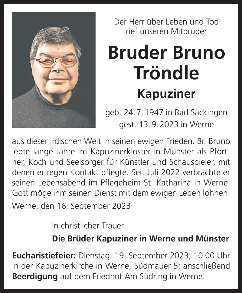  Traueranzeige für Bruno Tröndle vom 16.09.2023 aus 