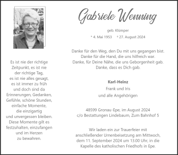 Anzeige von Gabriele Wenning 