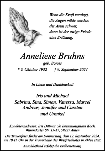 Anzeige von Anneliese Bruhns 