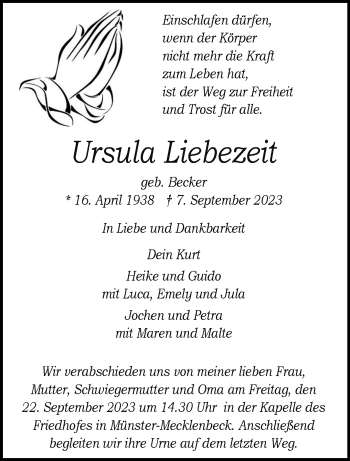 Anzeige von Ursula Liebezeit 