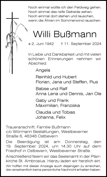 Anzeige von Willi Bußmann 