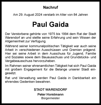 Anzeige von Paul Gaida 