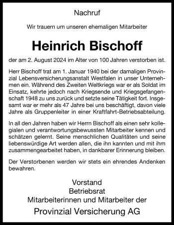 Anzeige von Heinrich Bischoff 