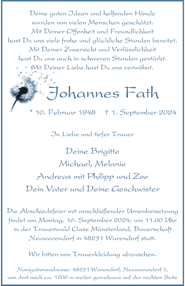  Traueranzeige für Johannes Fath vom 07.09.2024 aus 