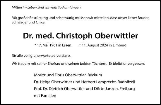 Anzeige von Dr. med. Christoph Oberwittler von Westfälische Nachrichten