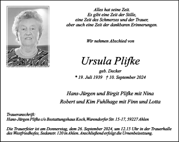 Anzeige von Ursula Plifke 