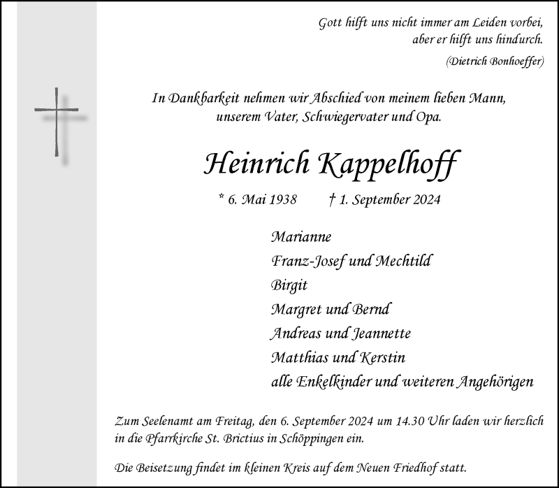  Traueranzeige für Heinrich Kappelhoff vom 04.09.2024 aus 