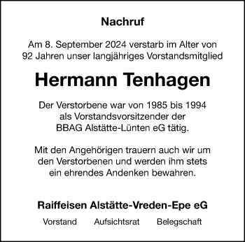 Anzeige von Hermann Tenhagen 