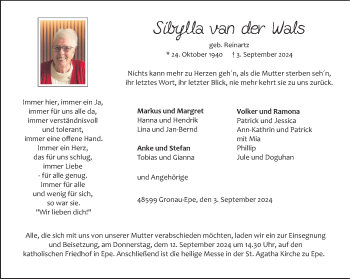 Anzeige von Sibylla van der Wals 