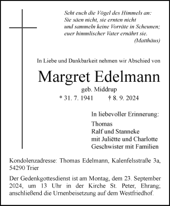 Anzeige von Margret Edelmann 