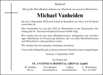 Anzeige von Michael Vanheiden 