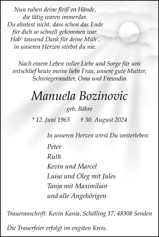  Traueranzeige für Manuela Bozinovic vom 07.09.2024 aus 