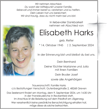 Anzeige von Elisabeth Harks 