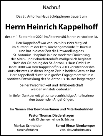 Anzeige von Heinrich Kappelhoff 