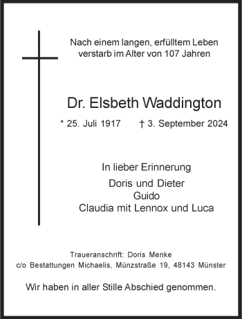 Anzeige von Dr. Elsbeth Waddington 