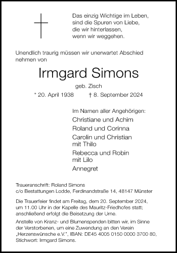 Anzeige von Irmgard Simons 