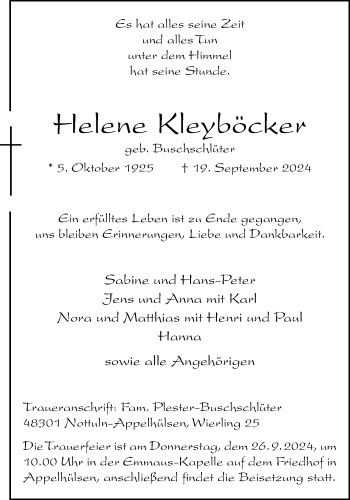 Anzeige von Helene Kleyböcker 