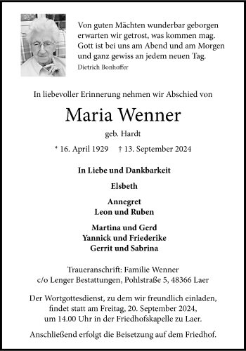 Anzeige von Maria Wenner 