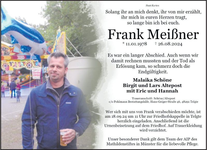  Traueranzeige für Frank Meißner vom 07.09.2024 aus 