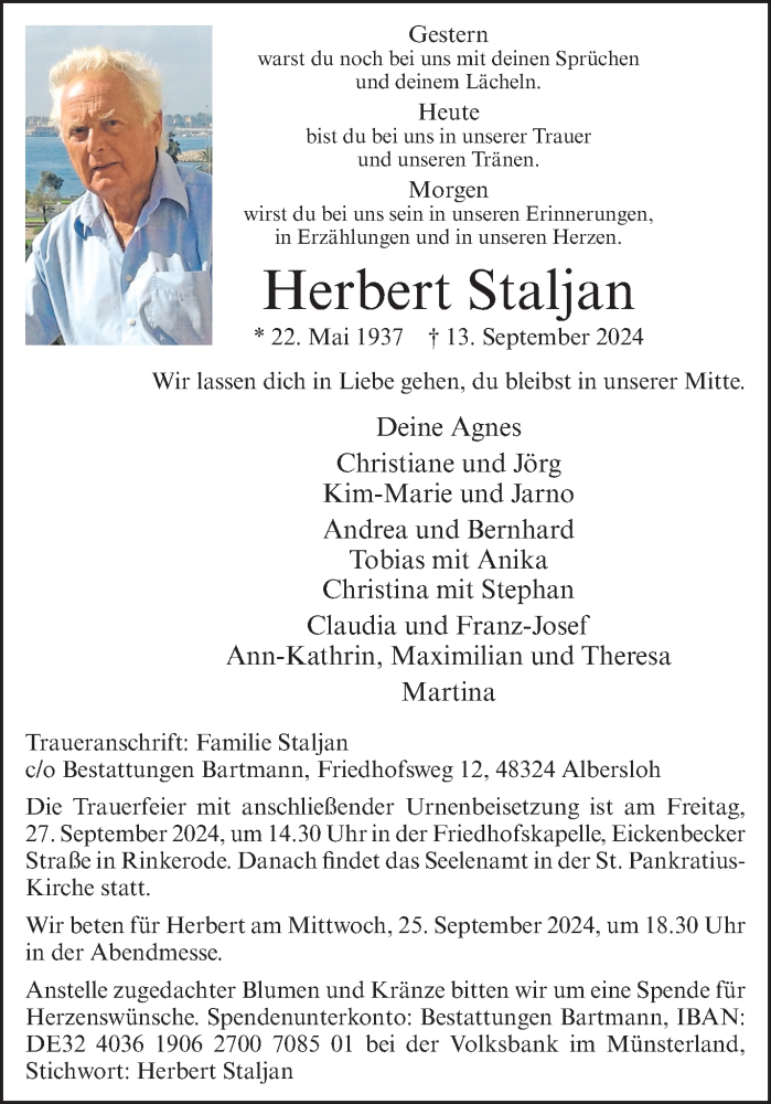  Traueranzeige für Herbert Staljan vom 21.09.2024 aus 