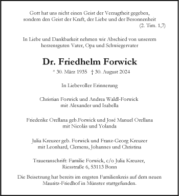 Anzeige von Dr. Friedhelm Forwick 