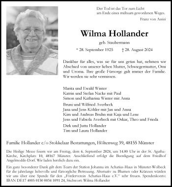 Anzeige von Wilma Hollander 