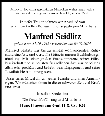 Anzeige von Manfred Seidlitz 