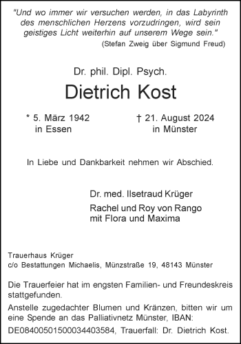 Anzeige von Dr. phil. Dipl. Psych. Dietrich Kost 