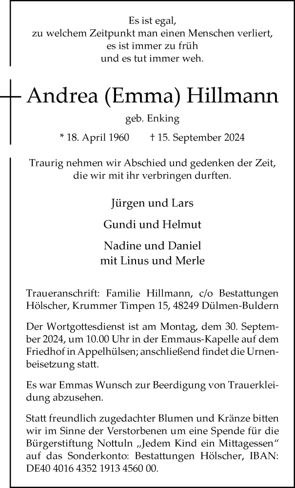  Traueranzeige für Andrea Hillmann vom 21.09.2024 aus 