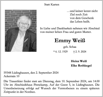 Anzeige von Emmy Weiß 