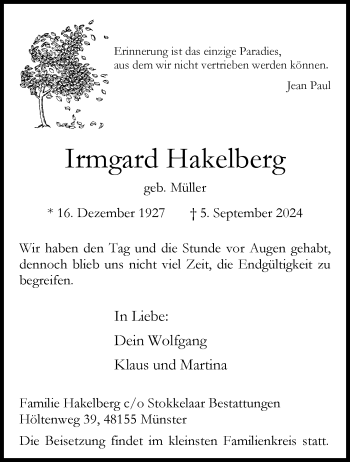 Anzeige von Irmgard Hakelberg 