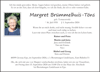 Anzeige von Margret Brümmelhuis-Töns 