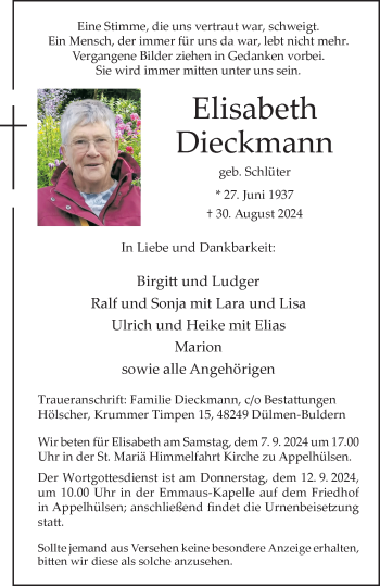 Anzeige von Elisabeth Dieckmann 