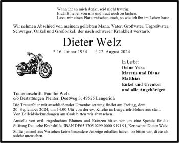 Anzeige von Dieter Welz 