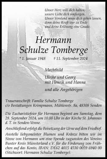 Anzeige von Hermann Schulze Tomberge 