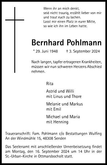 Anzeige von Bernhard Pohlmann 