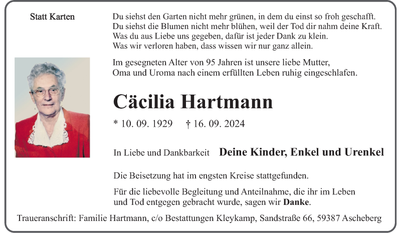  Traueranzeige für Cäcilia Hartmann vom 28.09.2024 aus 