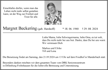 Anzeige von Margret Beckering 