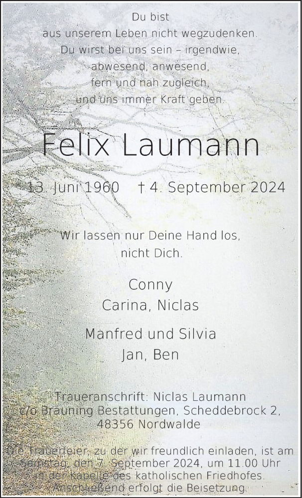  Traueranzeige für Felix Laumann vom 06.09.2024 aus 