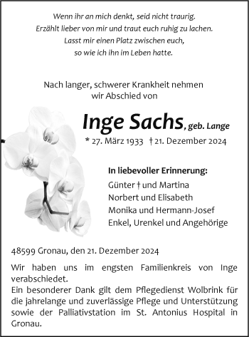 Anzeige von Inge Sachs 