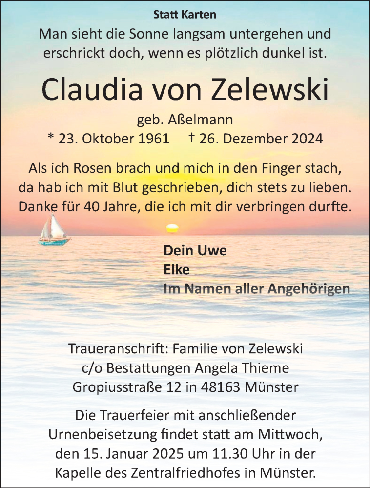  Traueranzeige für Claudia von Zelewski vom 11.01.2025 aus 